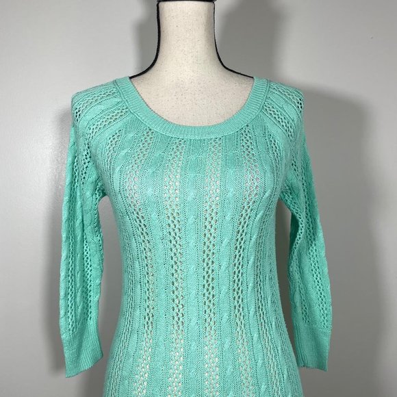 SO Teal Crew Neck Eyelet Embroidered Hem 3/4 Sleeve Pullover Sweater XS - Picture 3 of 12